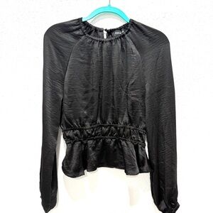Steve Madden Black pyper ruched satin‎ Peplum Blouse S